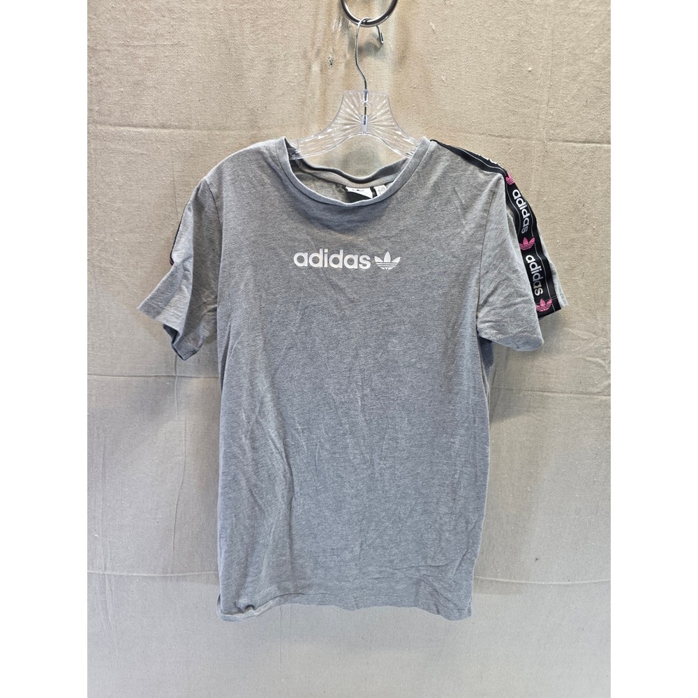 Adidas Originals Boys XL Grey Trefoil Logo T-Shirt Pink Tape Sleeve Stripe 2336
